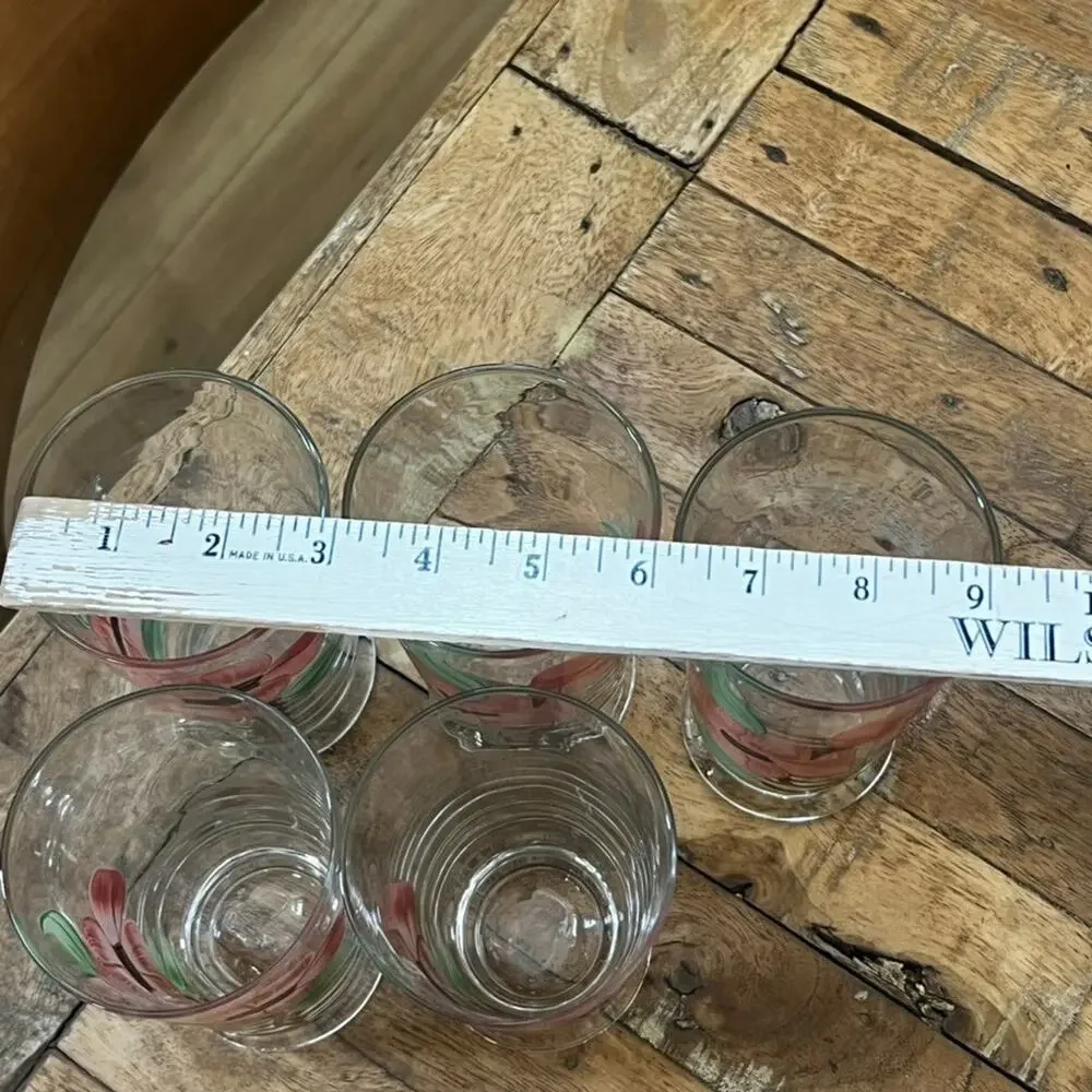 Set of 5 Libbey Hand Painted Desert Rose Style Glasses Tumblers